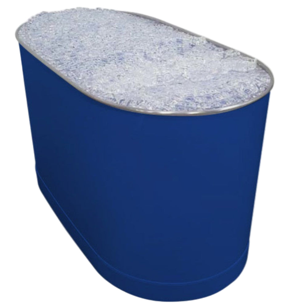 Blue cylindrical container with a textured white lid on a white background