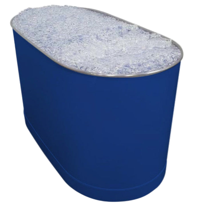 Blue cylindrical container with a textured white lid on a white background