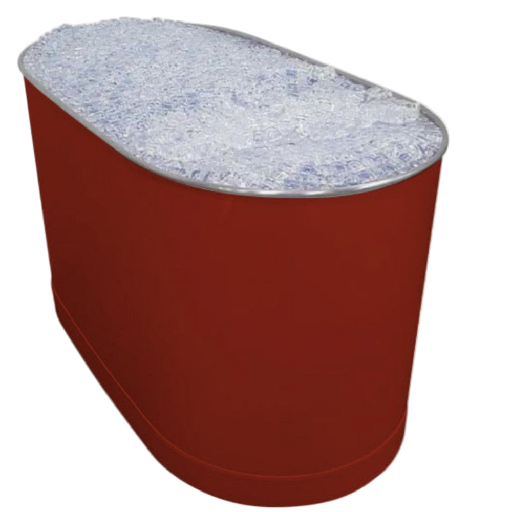 Red cylindrical container with a textured silver top on a white background