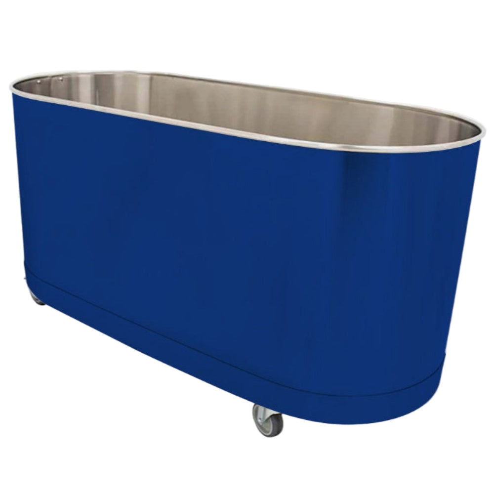 Blue metal tub with wheels on a white background