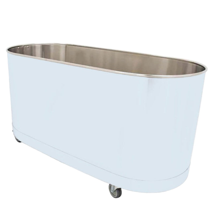 Light blue oval tub with metallic rim on a white background