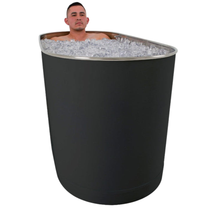 Person inside a black ice bucket with ice cubes on a white background
