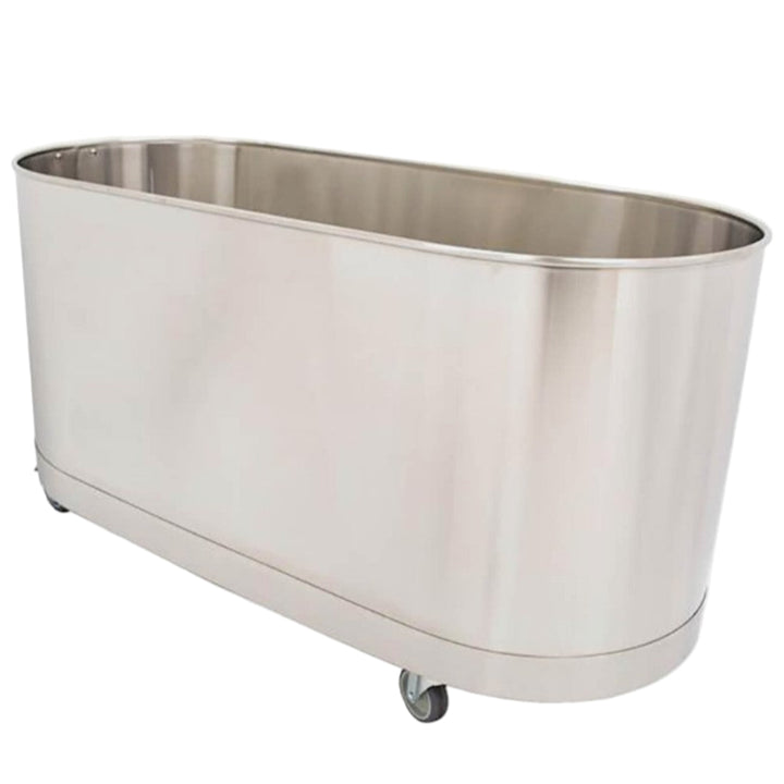 Stainless steel tub on wheels with a white background