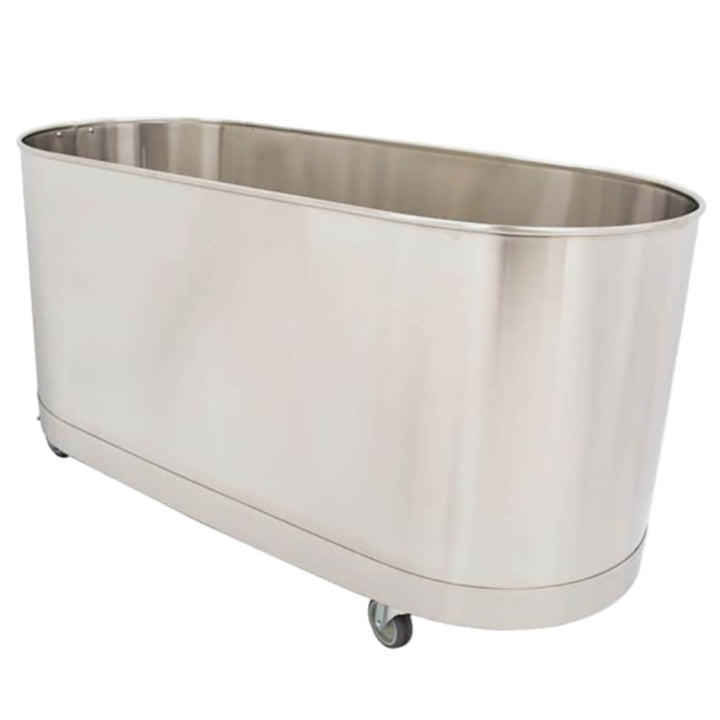 Stainless steel cold tank on wheels with a white background