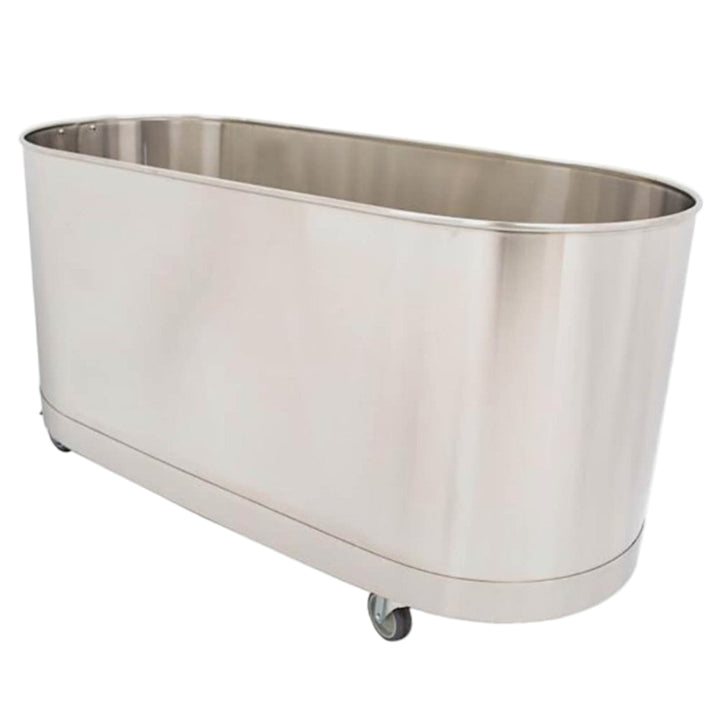 Stainless steel tub on wheels with a white background