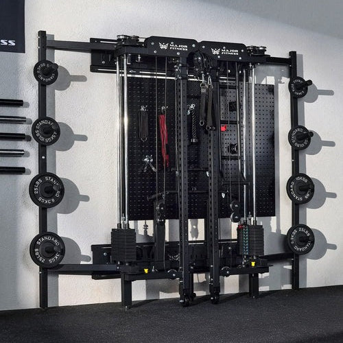 Gym equipment wall mount system with various attachments on a white wall.