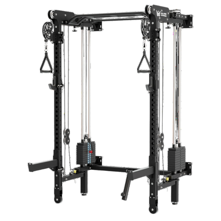 Black cable machine gym equipment on a white background