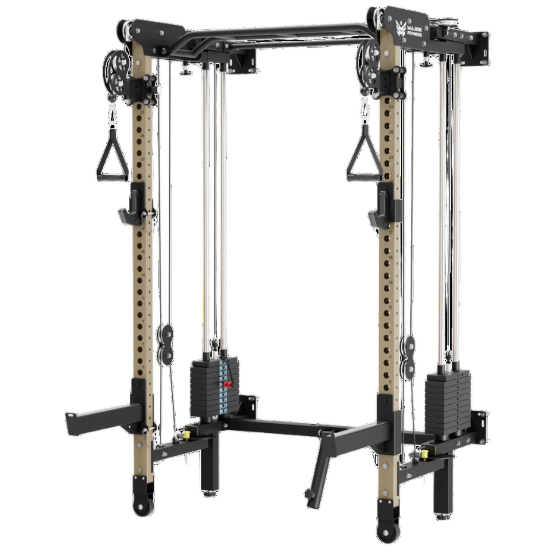 Gym equipment rack with pulleys and attachments on a white background