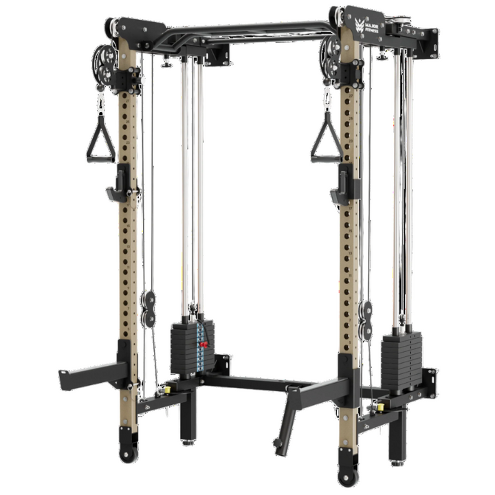 Gym equipment rack with pulleys and attachments on a white background