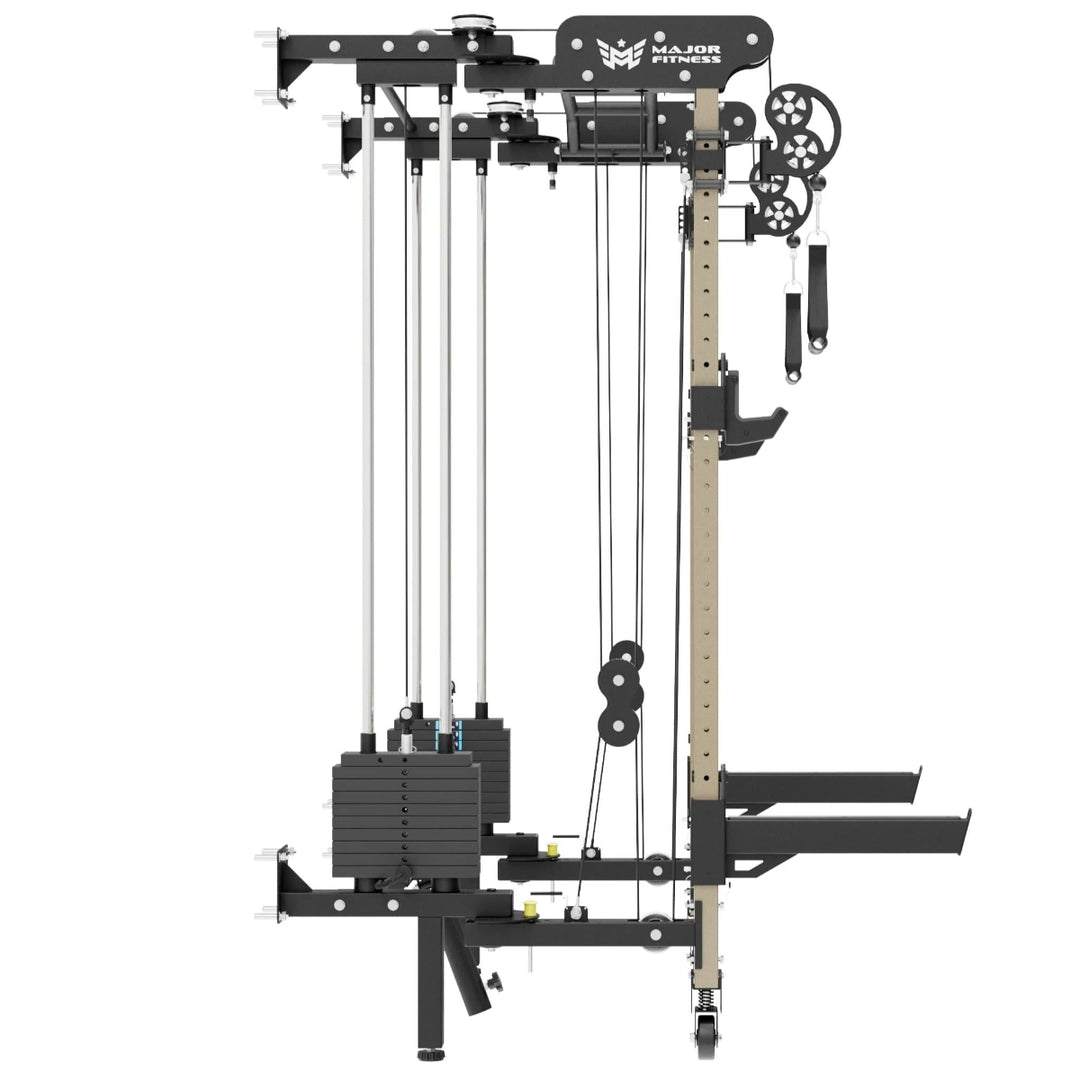 Black mechanical pulley system on a white background