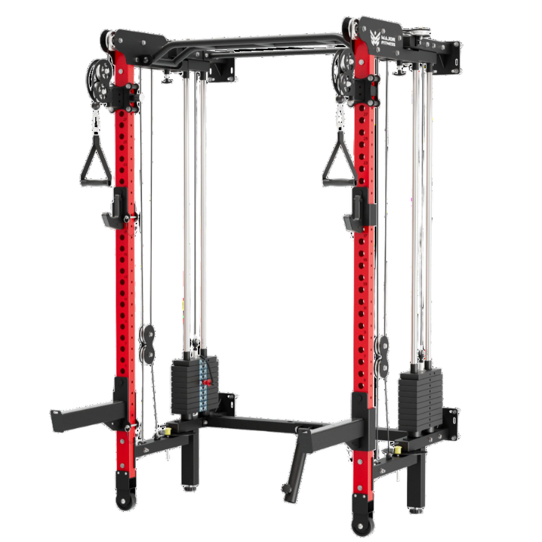 Red and black weightlifting apparatus on a white background