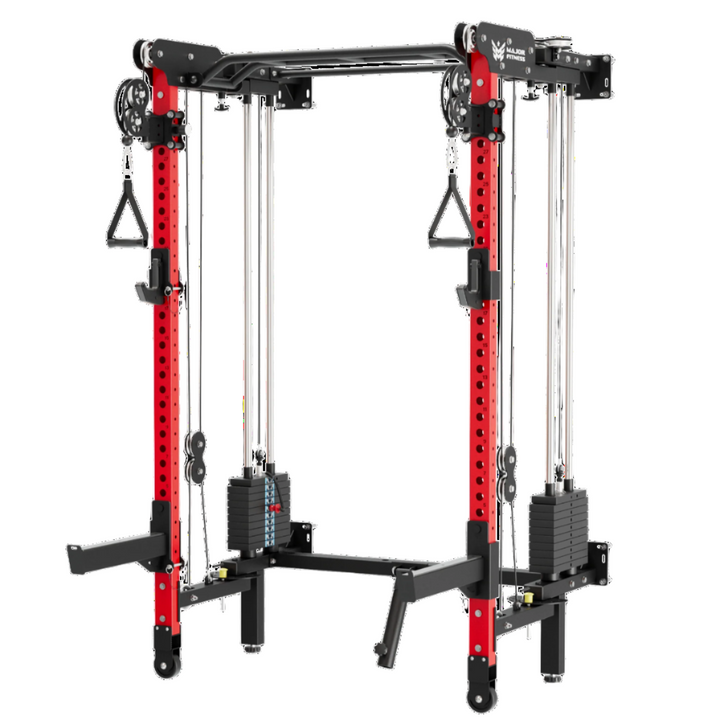 Red and black weightlifting apparatus on a white background