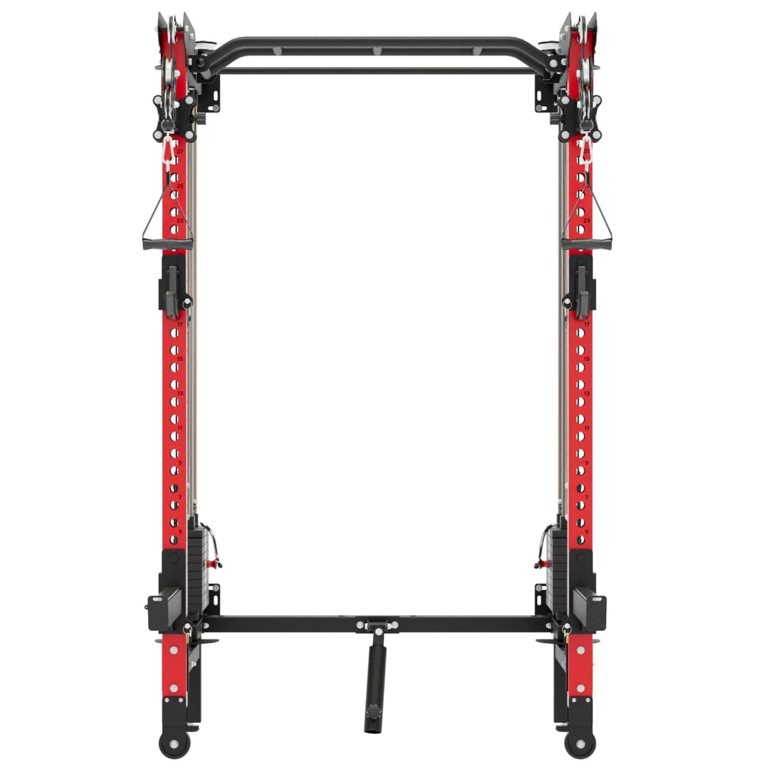 Red and black weight lifting cage on a white background