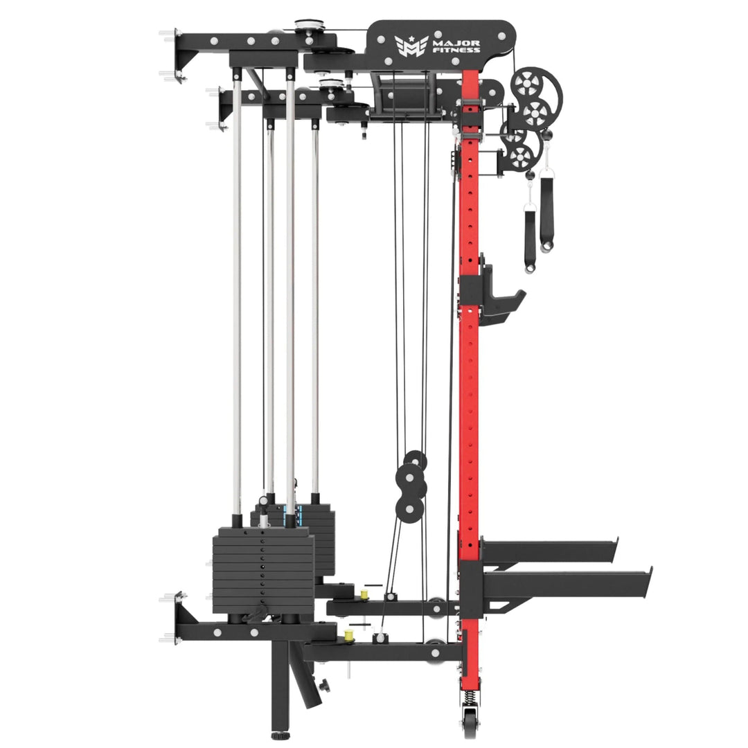 Gym machine with red and black frame on a white background