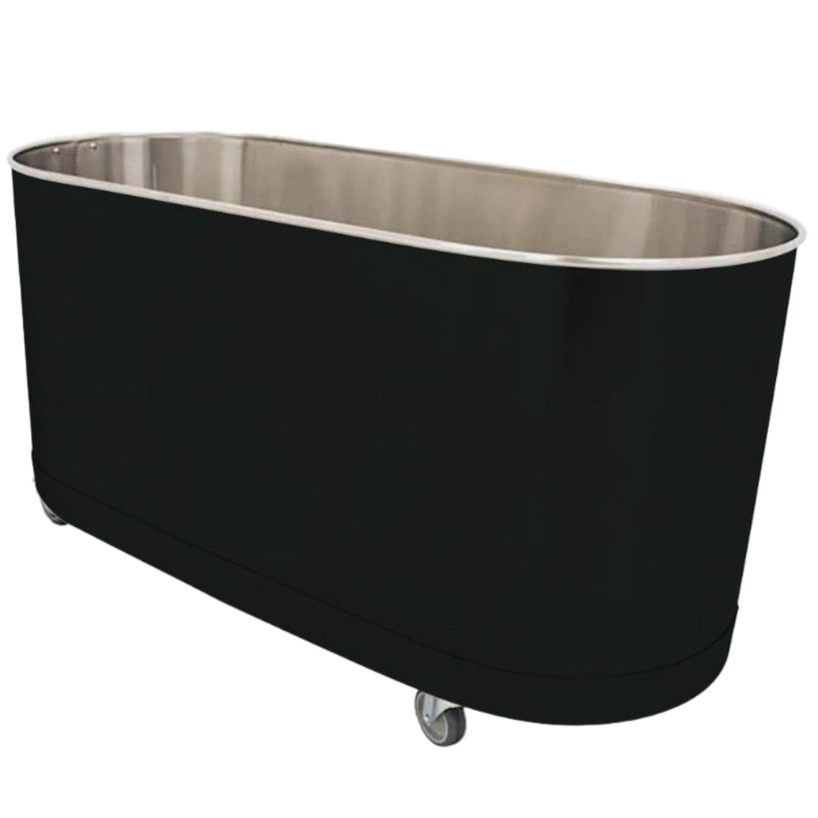 Black and silver oval-shaped tub on wheels with a white background