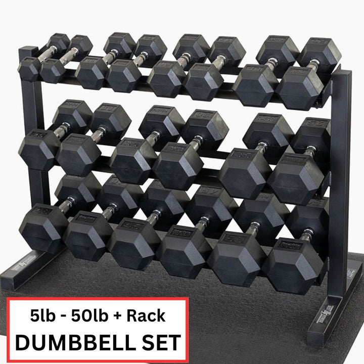 Dumbbell Package 5lb-50lb Rubber Hex + Horizontal Rack