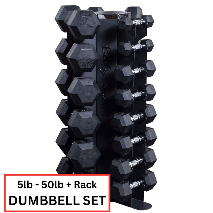 Dumbbell Package 5lb-50lb Rubber Hex + Vertical Rack