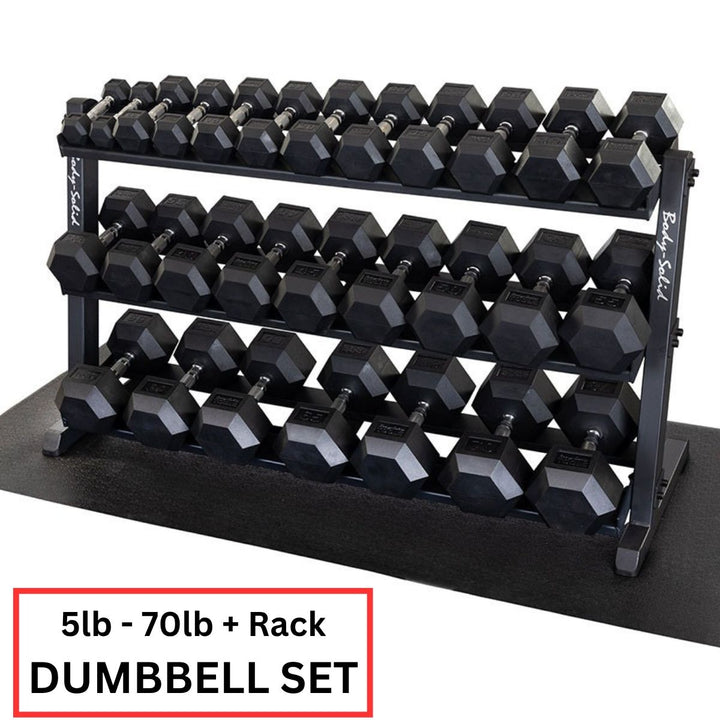 Dumbbell Package 5lb-70lb Rubber Hex + Horizontal Rack