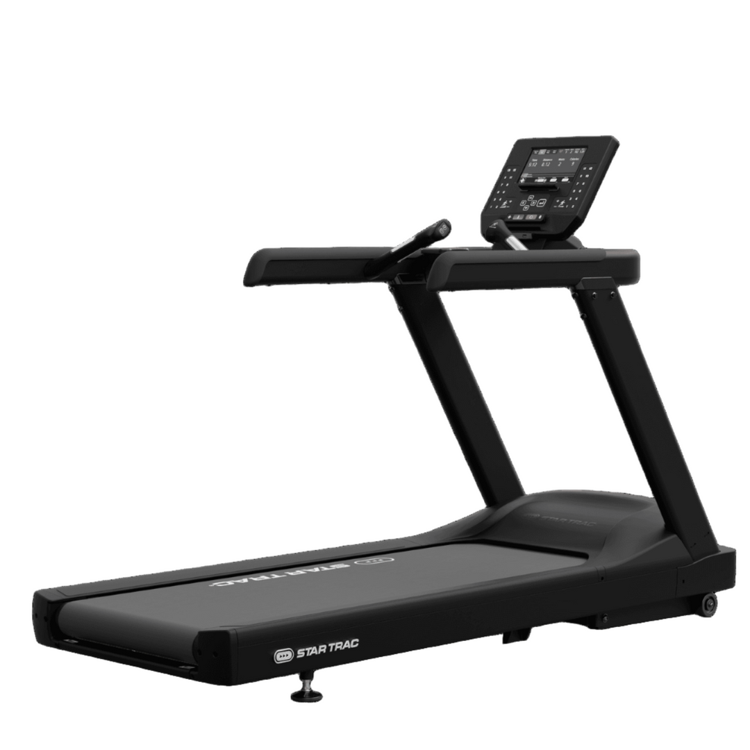 Black treadmill on a solid background