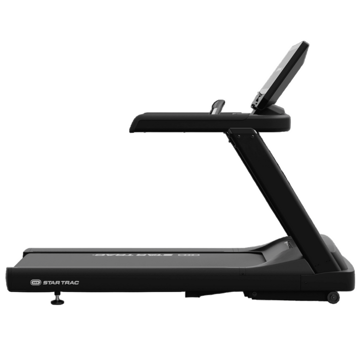 Black treadmill with Star Trac branding on a transparent background