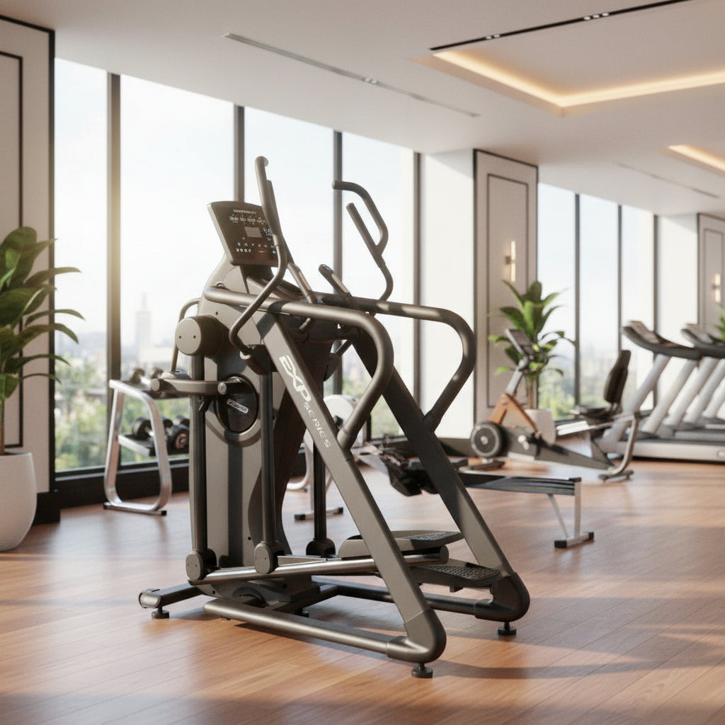 A black elliptical trainer exercise machine with a digital display screen, handrails, and adjustable pedals, shown against a plain white background.