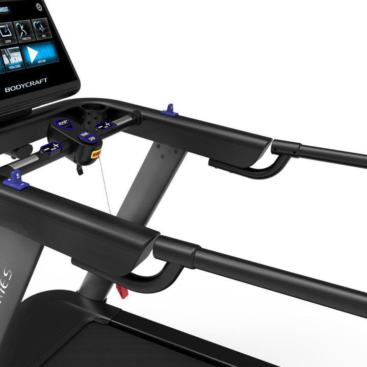 Treadmill with a control panel on a white background