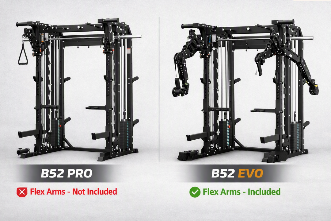Side-by-side comparison of two black multi-functional power racks labeled B52 PRO and B52 EVO on a light gray background. The B52 PRO image shows a red X next to &