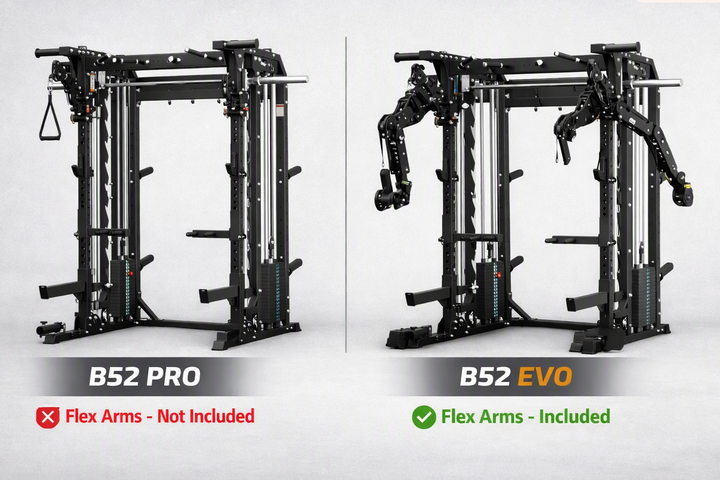Side-by-side comparison of two black multi-functional power racks labeled B52 PRO and B52 EVO on a light gray background. The B52 PRO image shows a red X next to &