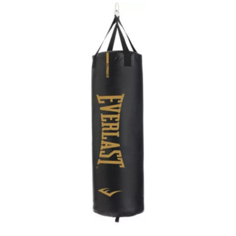 Black punching bag with 'Everlast' logo on a white background