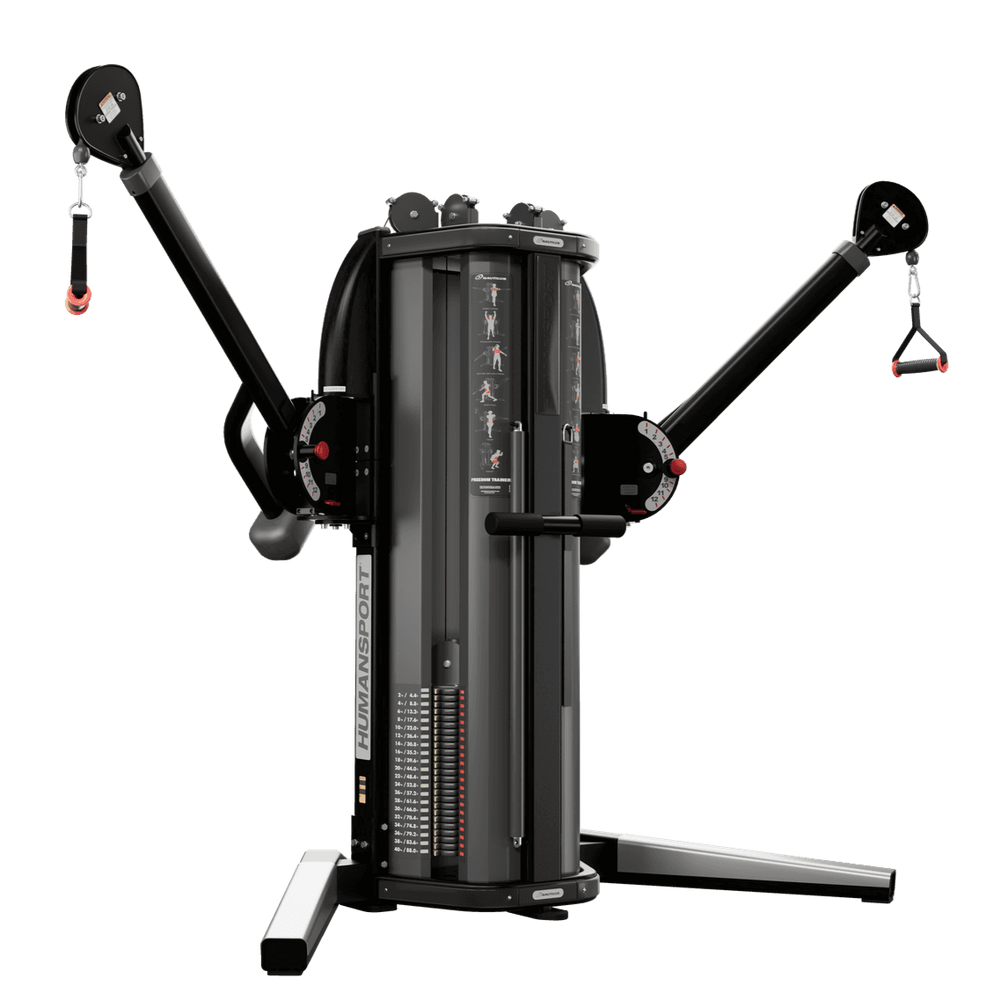 Black cable machine gym equipment on a dark blue background