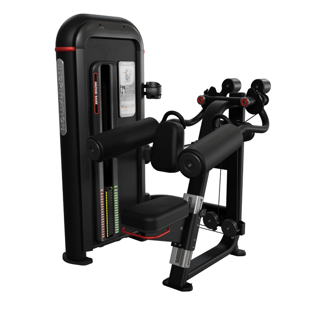A black cable pulley back exercise machine with red accents, shown on a solid white background.