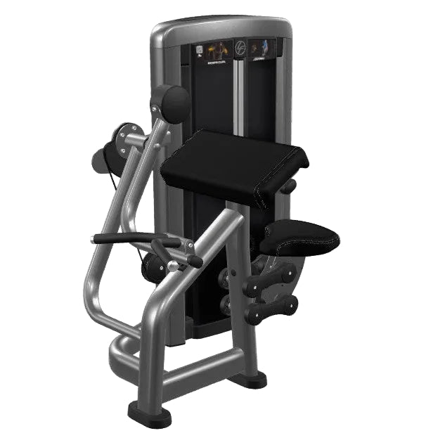Gym machine with black seat and gray frame on a white background