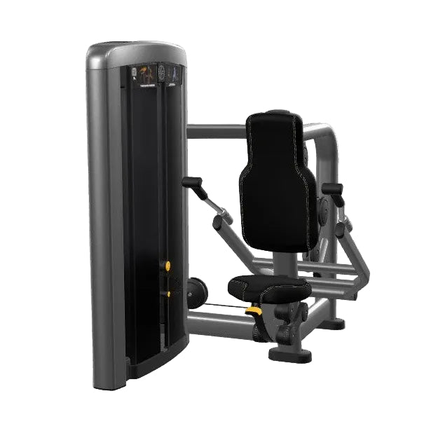 Gym machine with black seat and gray frame on a white background