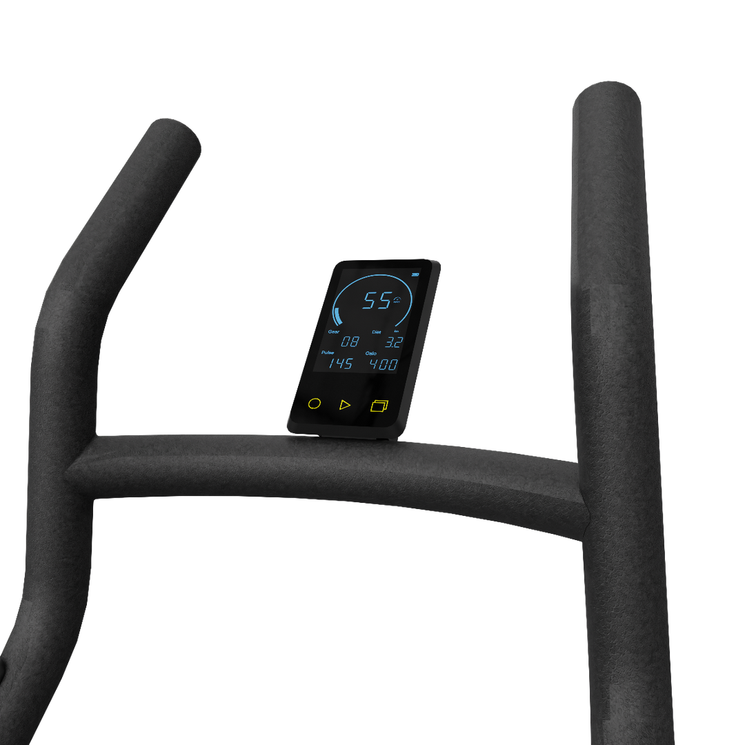 Digital display on a black exercise bike handlebar with a white background