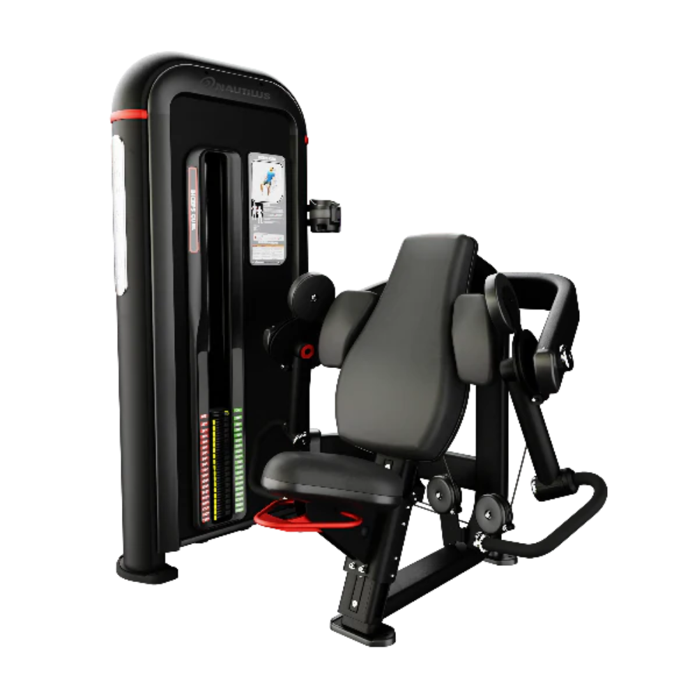 A professional cable pull-up machine with a black padded seat and backrest, featuring red accent details and a digital display screen on the frame, isolated on a white background.
