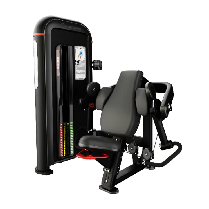 A professional cable pull-up machine with a black padded seat and backrest, featuring red accent details and a digital display screen on the frame, isolated on a white background.