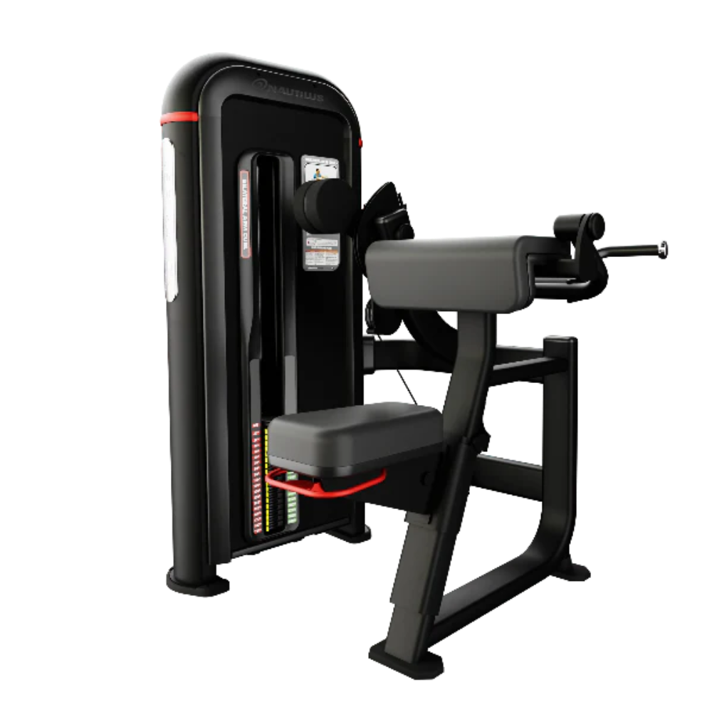 A black and gray cable pulley chest exercise machine with red accent lines, shown on a solid white background.