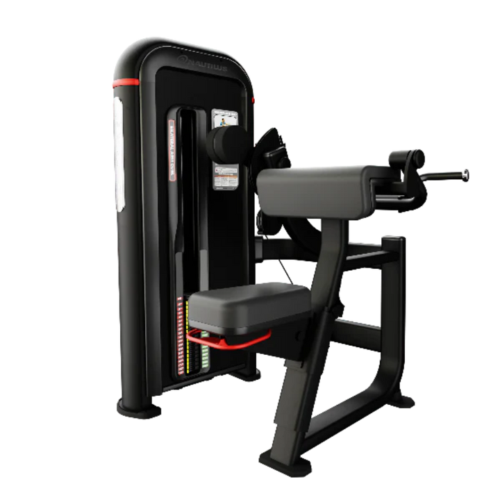 A black and gray cable pulley chest exercise machine with red accent lines, shown on a solid white background.