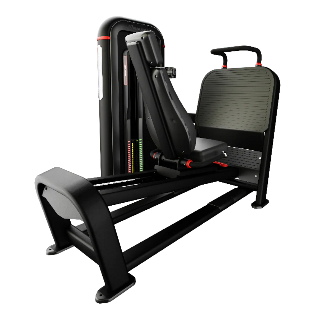 A black leg extension gym machine with a textured gray backrest and red adjustment accents, shown on a solid white background.