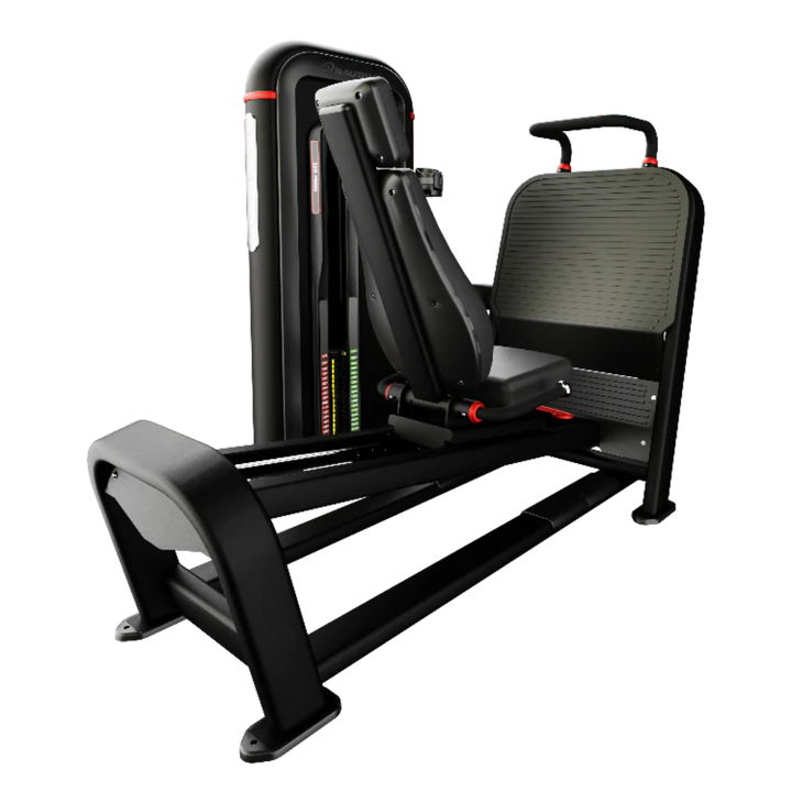A black leg extension gym machine with a textured gray backrest and red adjustment accents, shown on a solid white background.