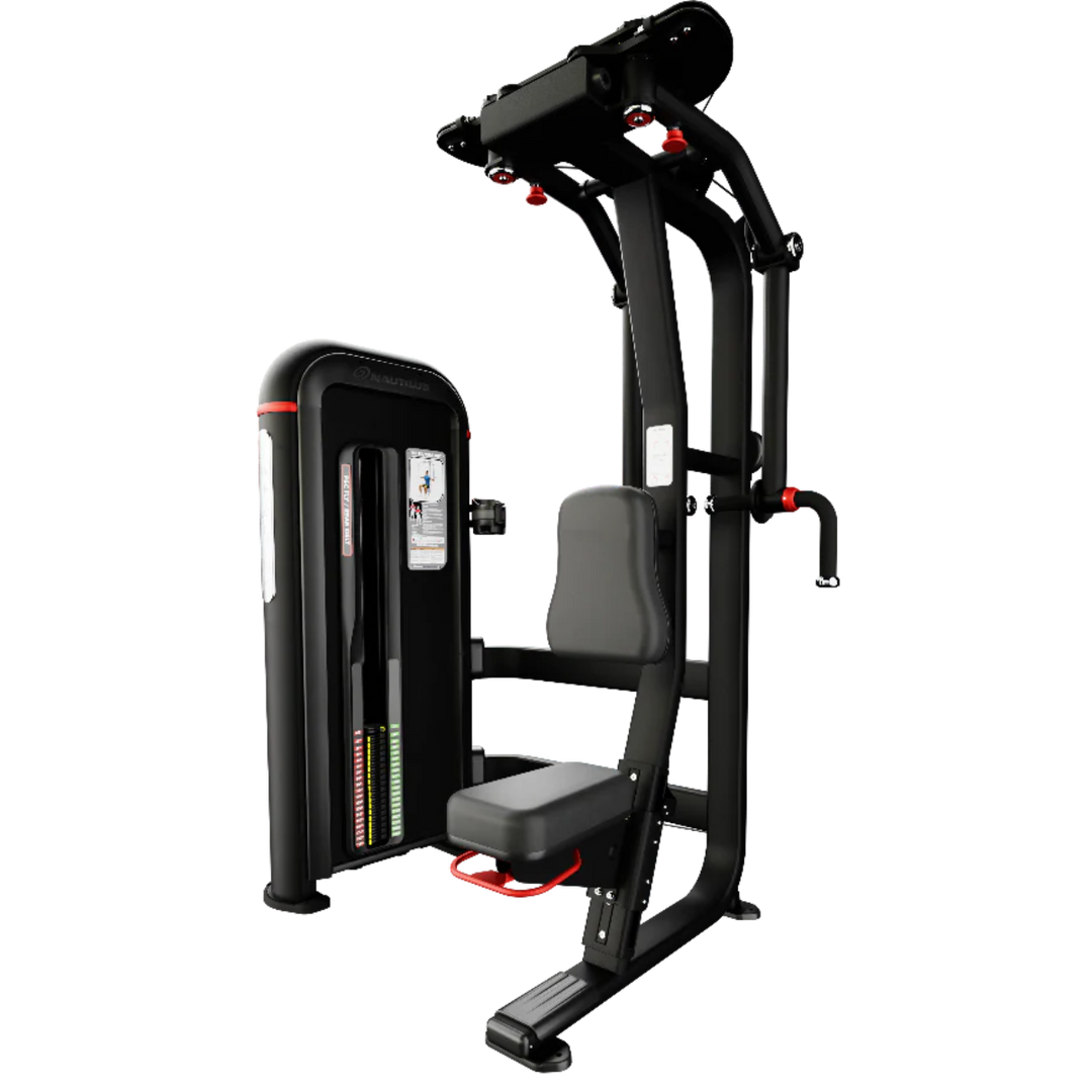 A black and gray home gym shoulder press machine with red adjustment knobs, shown on a solid white background.