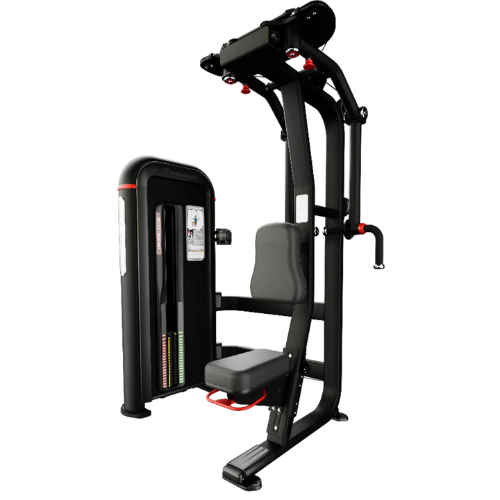 A black and gray home gym shoulder press machine with red adjustment knobs, shown on a solid white background.