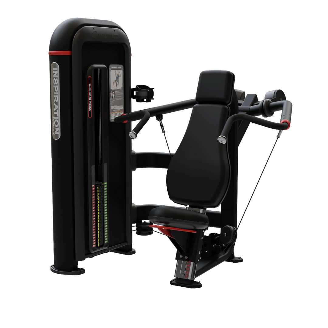 A black chest flyover machine from the brand INSPIRATION, shown on a clean white background. The machine features a padded black seat, adjustable levers, and red accent lines.