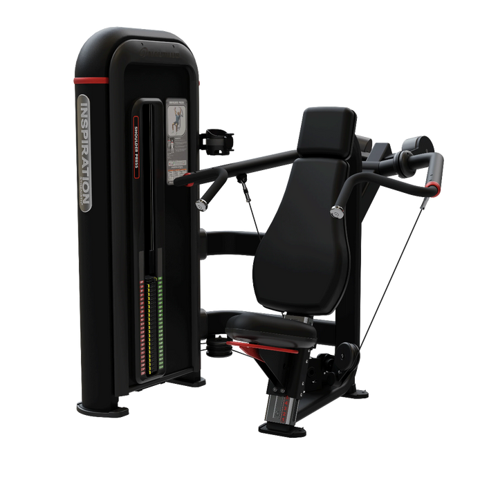 A black chest flyover machine from the brand INSPIRATION, shown on a clean white background. The machine features a padded black seat, adjustable levers, and red accent lines.