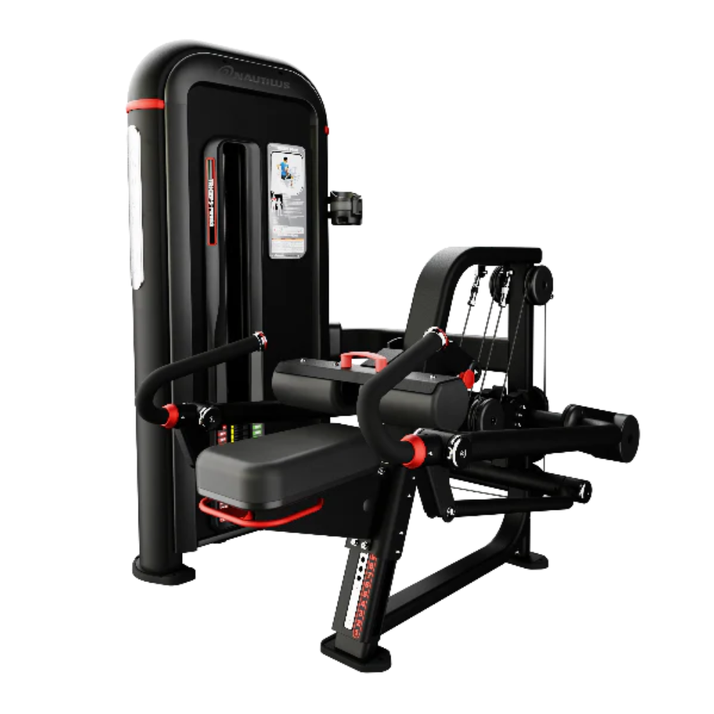 A black and red cable pulley chest exercise machine with a padded seat and backrest, shown on a plain white background.