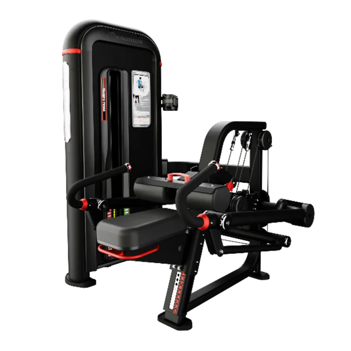 A black and red cable pulley chest exercise machine with a padded seat and backrest, shown on a plain white background.