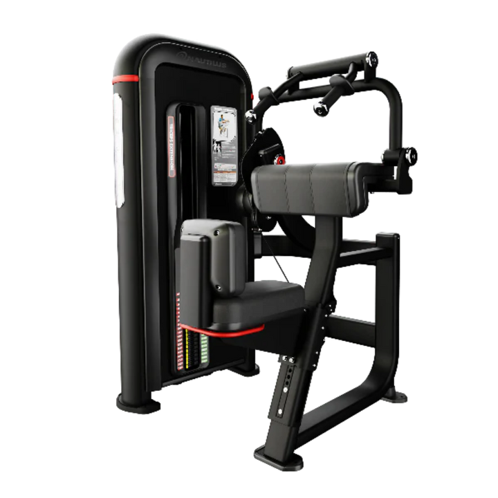 A black and gray cable pulley chest fly exercise machine with red accent lines, shown on a solid white background.