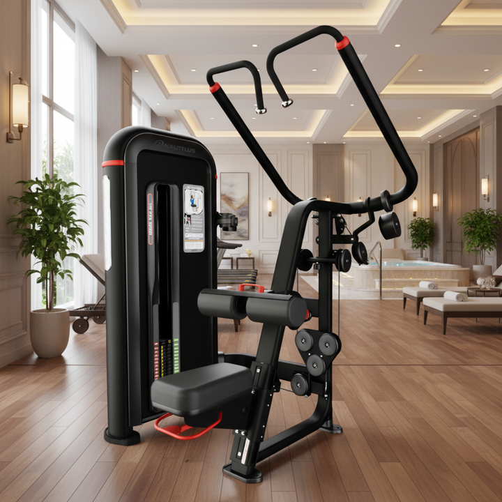 A black and red cable pulley chest exercise machine with a seat, adjustable backrest, and dual upright handles, shown on a plain white background.