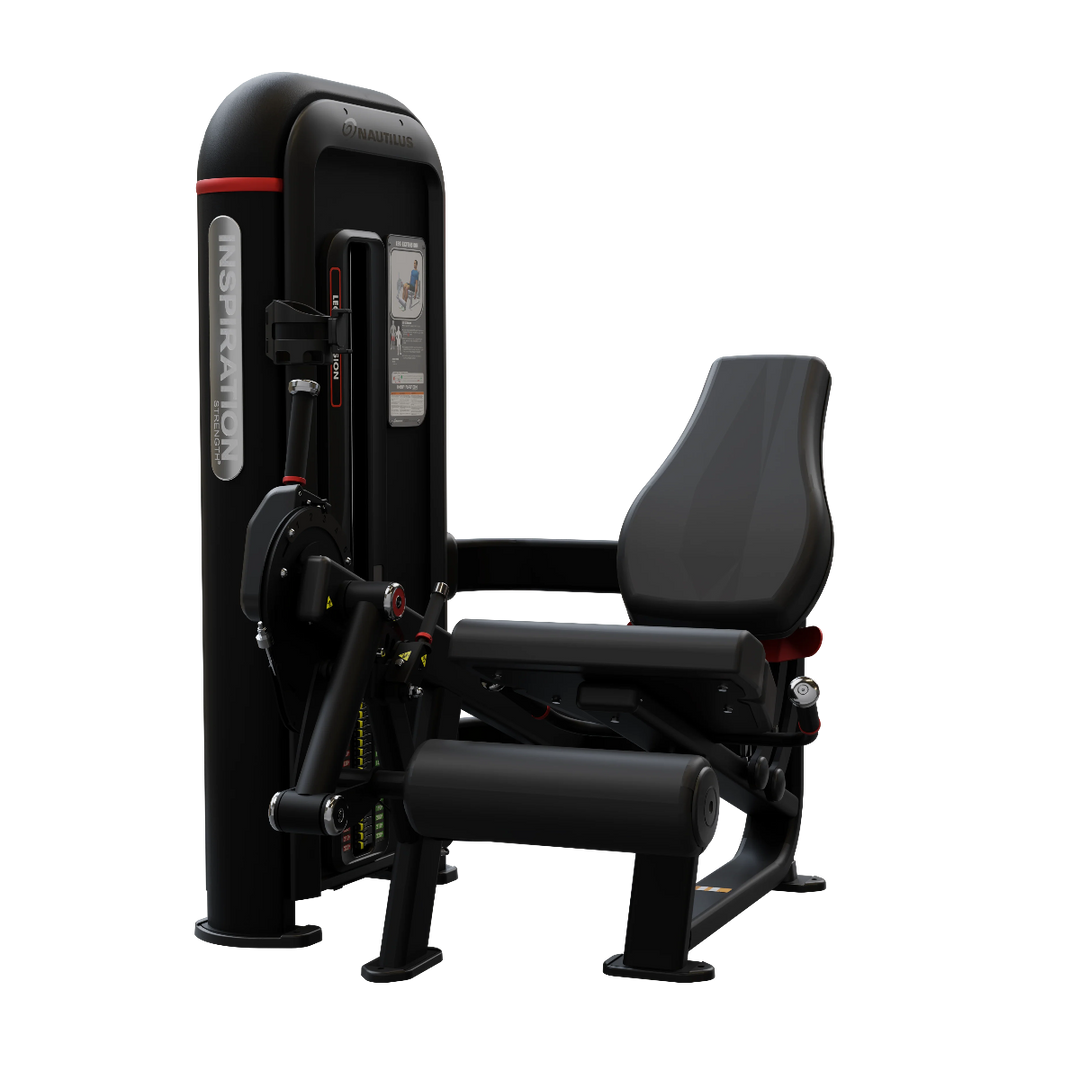 A professional home gym leg extension machine by Noitavaven, featuring a black padded seat and backrest with a dark gray leg platform and frame accented with red and silver details, isolated on a white background.