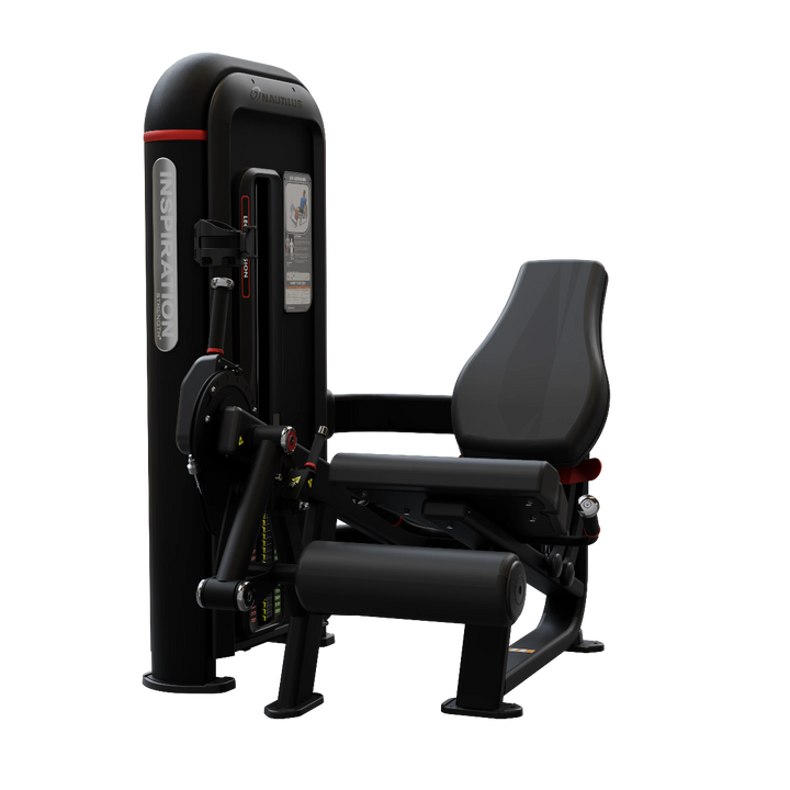 A professional home gym leg extension machine by Noitavaven, featuring a black padded seat and backrest with a dark gray leg platform and frame accented with red and silver details, isolated on a white background.
